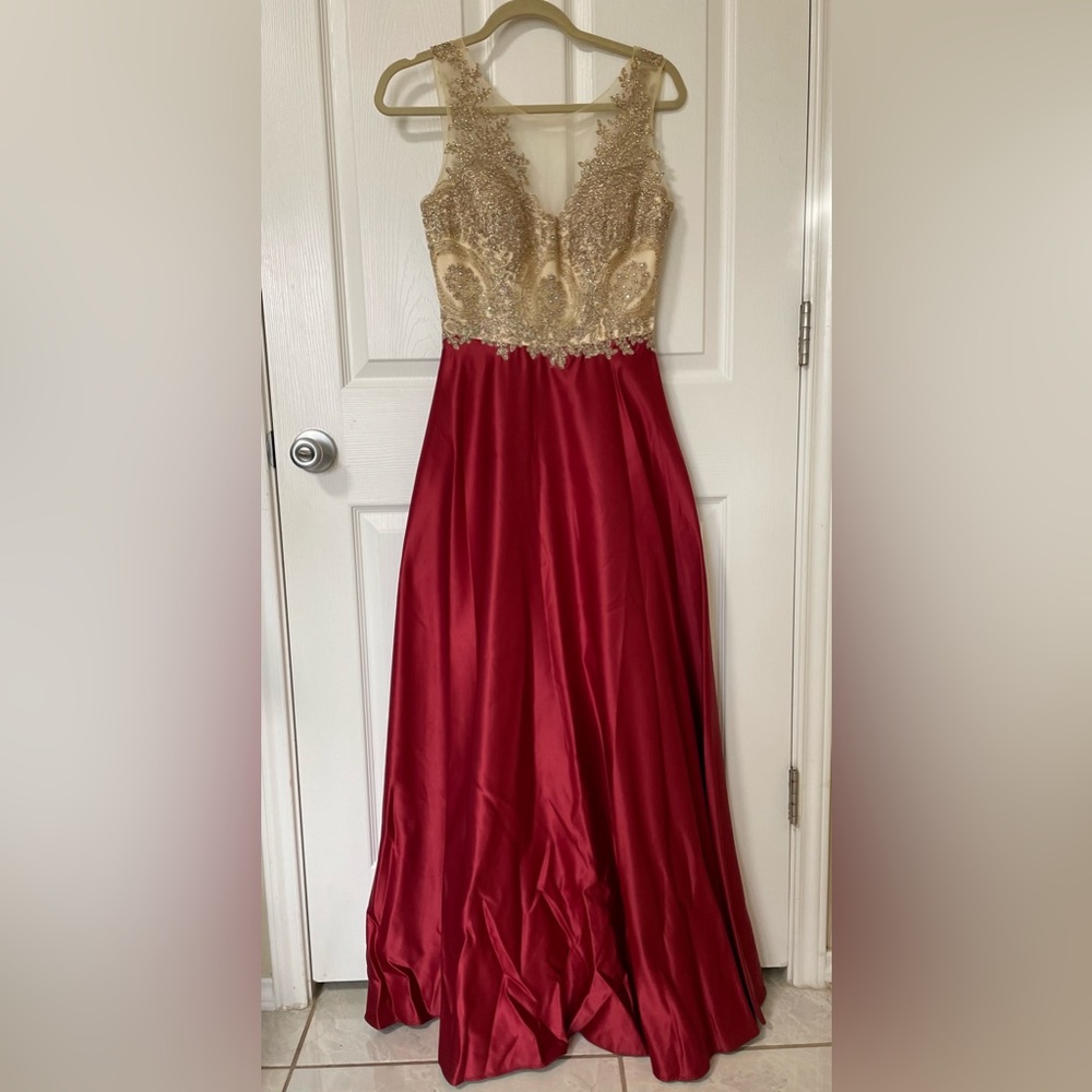 Gold and Red Ball Gown Dress with Gemstones
